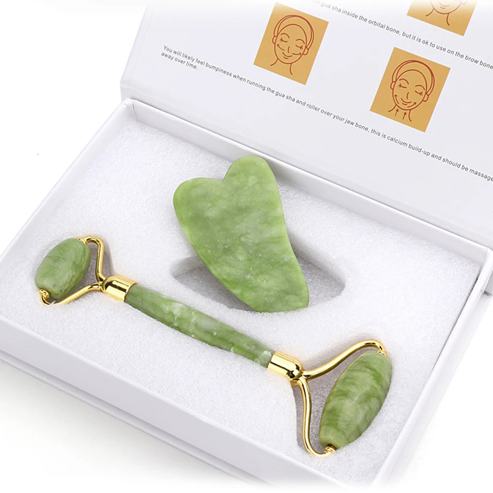 Natural Jade Roller & Gua Sha Set – Face and Body Massage for Skin Care