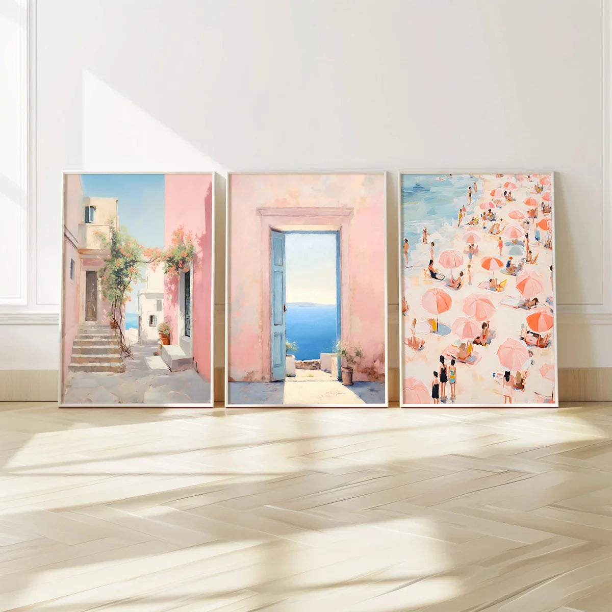 Set of 3 Pink College Style Canvas Wall Art – Coastal Landscape for Girly Apartments and Dorm Rooms