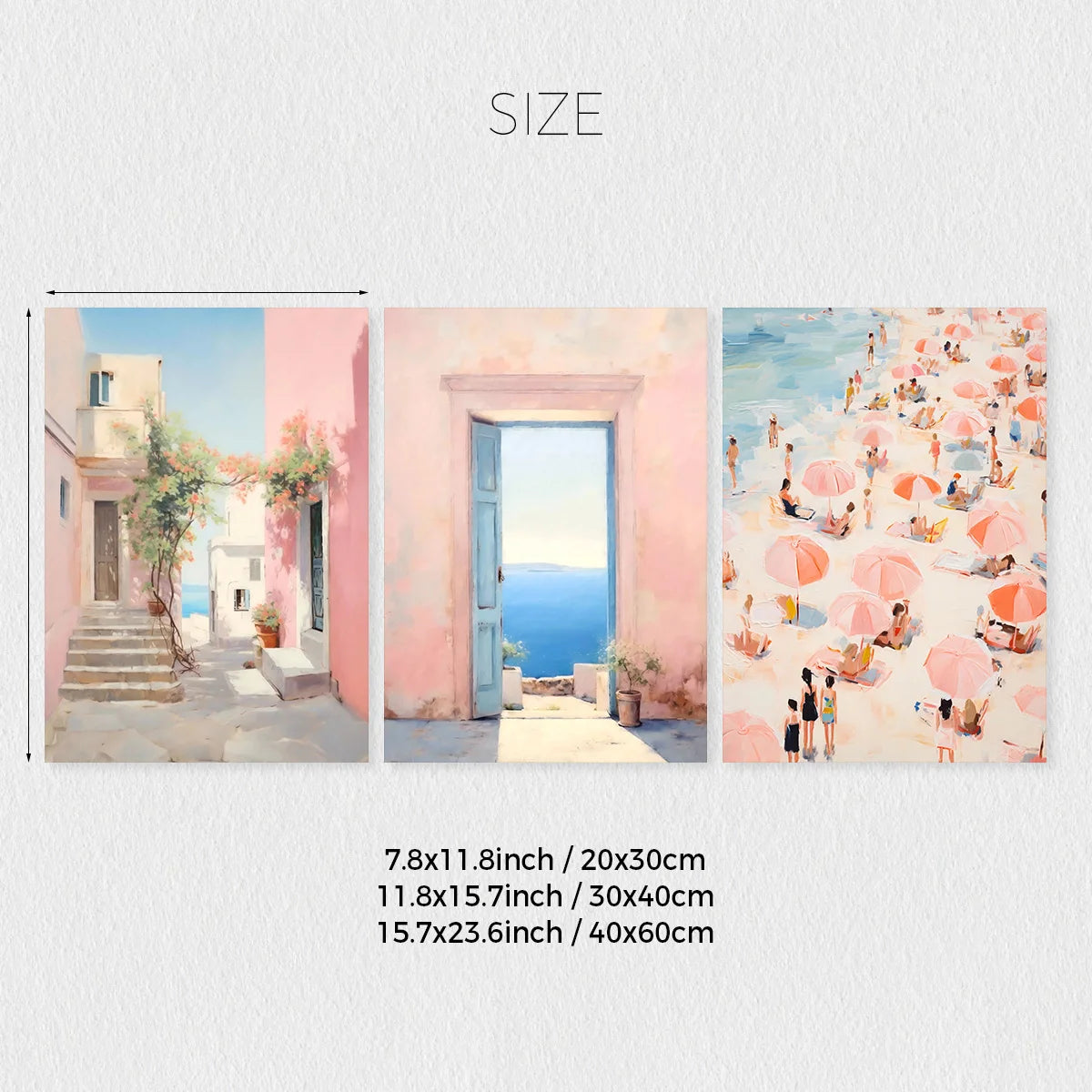 Set of 3 Pink College Style Canvas Wall Art – Coastal Landscape for Girly Apartments and Dorm Rooms