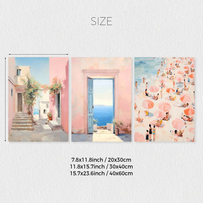 Set of 3 Pink College Style Canvas Wall Art – Coastal Landscape for Girly Apartments and Dorm Rooms