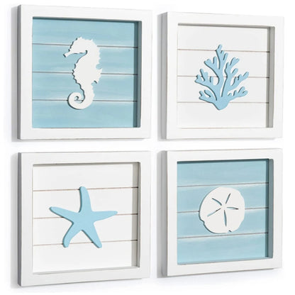 Ocean Theme Wall Decor - Rustic Beach Decor with 3D Starfish & Seahorses in Wooden Frame