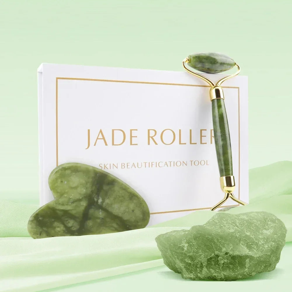 Natural Jade Roller & Gua Sha Set – Face and Body Massage for Skin Care