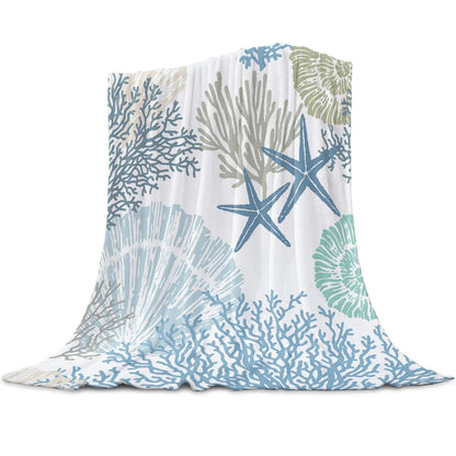 Blue/Sage Green Marine Coral Shells Starfish Throw Blanket – Cozy Comfort for Every Season