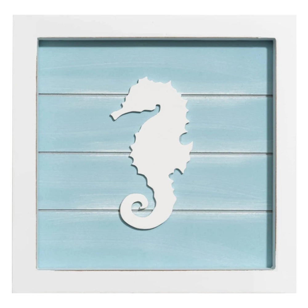 Ocean Theme Wall Decor - Rustic Beach Decor with 3D Starfish & Seahorses in Wooden Frame